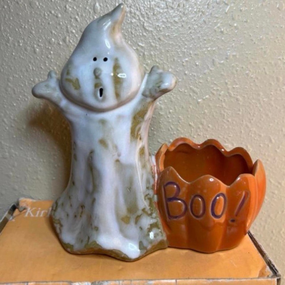 White and orange ceramic Halloween ghost and pumpkin votive holder Halloween